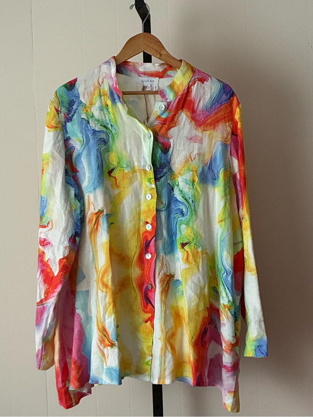 LW2, Colorful Abstract Watercolor Button-Up Linen Print Shirt